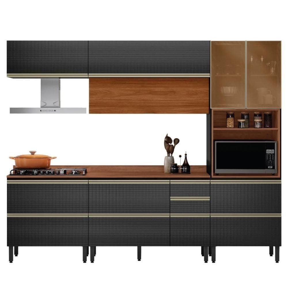 Cozinha Modulada Proença 5 Peças Com Paneleiro 1 Forno Nogueira Touch-carbono Prime Tx - Demartêz