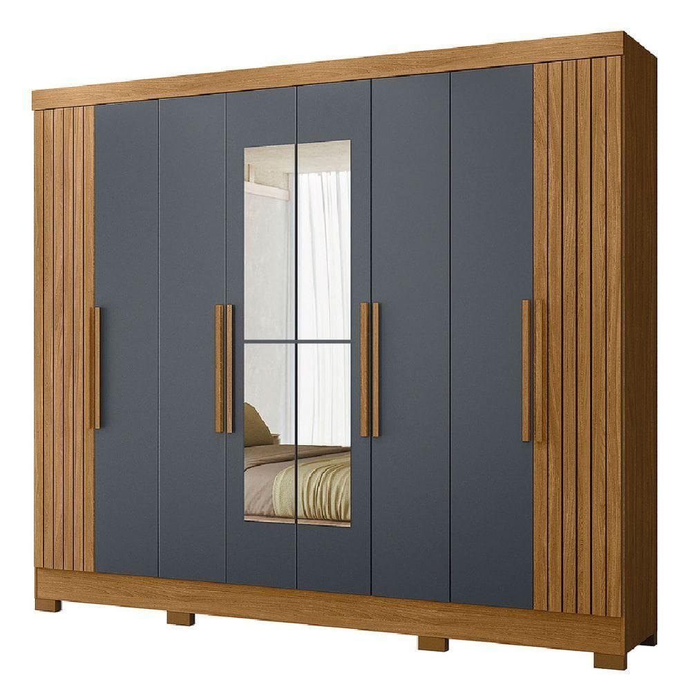 Guarda Roupas Casal Com Espelho Ripado 8 Portas 4 Gavetas Diamante Moval Madeirado / Cinza