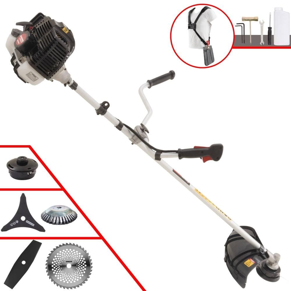 Roçadeira Robusta Kawashima KW43-LE À Gasolina 43cc 10.000rpm 1,7HP Com Kit 3 Lâminas de Corte, Carretel de Nylon e Escova de Aço Circular 38 Cerdas