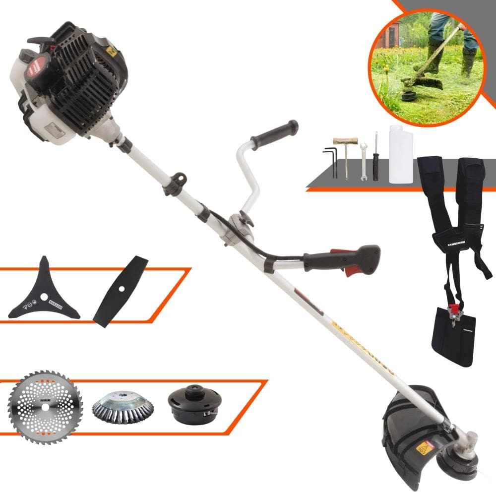 Roçadeira KW43LE Kawashima À Gasolina 43cc 1,7HP 5 Em 1 Com Carretel + Faca 2 Pontas + Faca 3 Pontas + Faca 40 Dentes Vídea + Escova de Aço Circular
