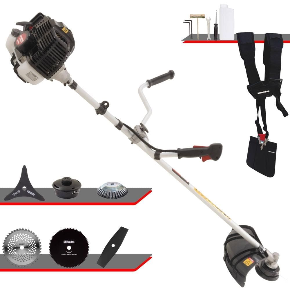 Roçadeira Kawashima KW43LE 43cc 1,7HP Com Carretel e Lâmina 3 Pontas + Lâmina 2 Pontas + Lâmina 40 Dentes Vídea + Lâmina 80 Dentes + Escova de Aço