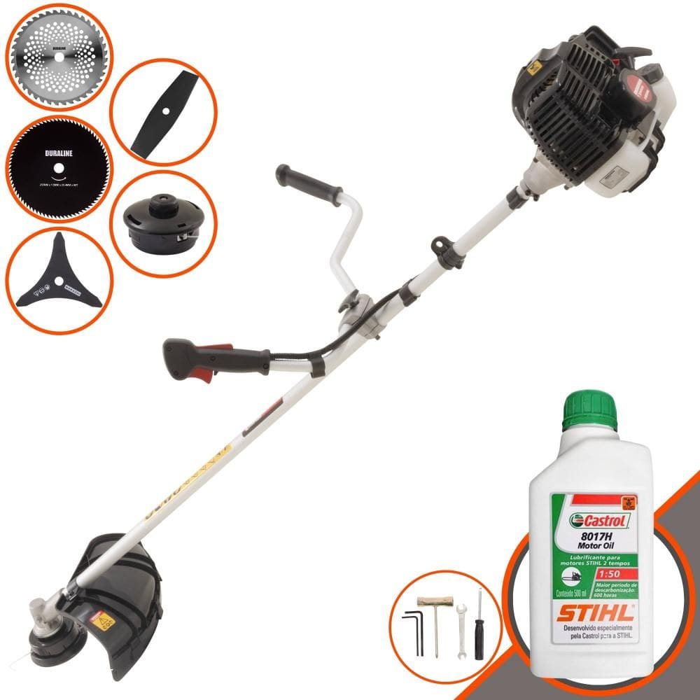 Roçadeira À Gasolina Kawashima KW43-LE Multifunções 12000rpm 43cc 1,7HP Completa Com 5 Opções de Cortes, Carretel e Kit 4 Facas + ÓLEO STIHL 8017