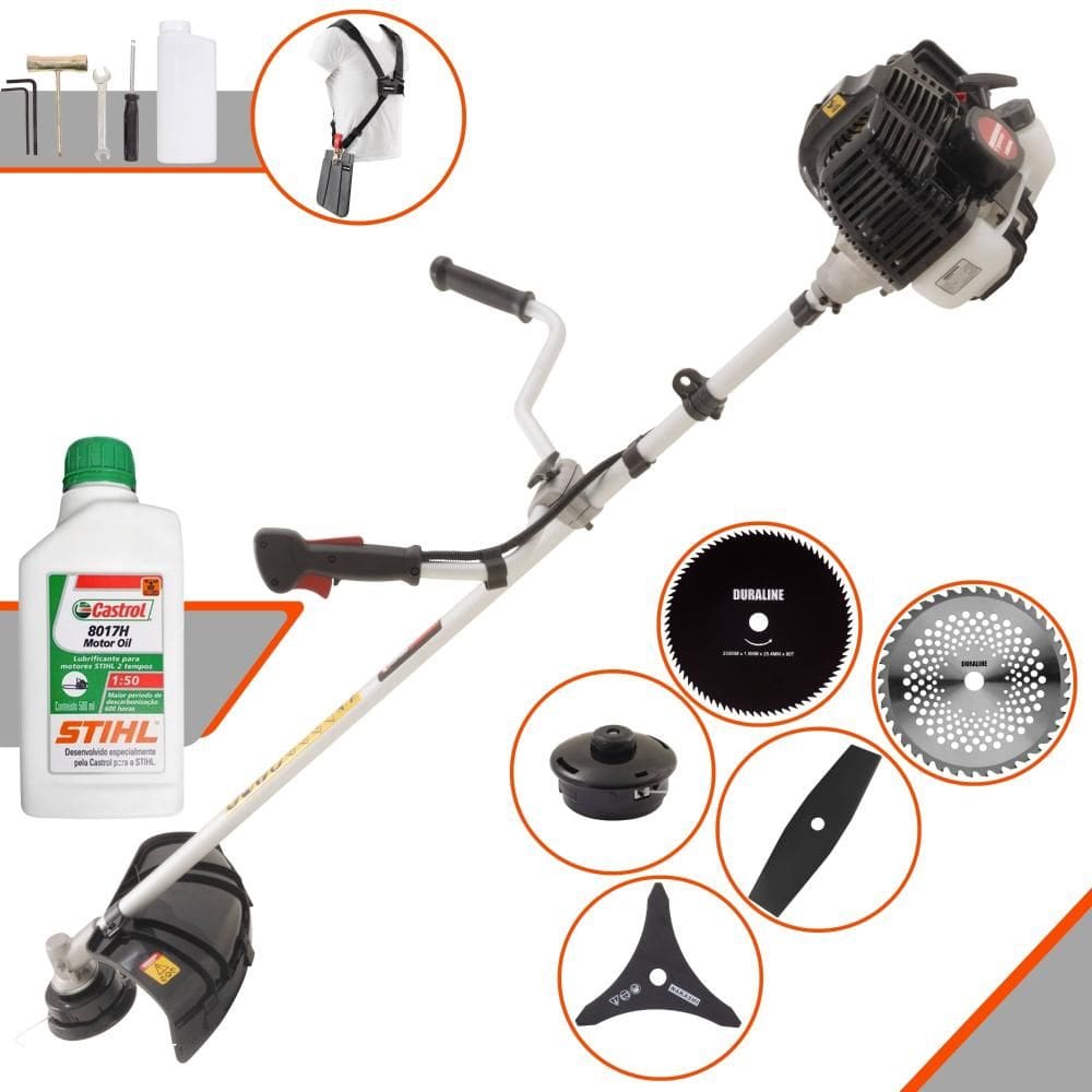 Roçadeira Cortador de Grama Lateral À Gasolina Kawashima KW43LE 43cc 1,7HP Completa 5 em 1 Com Carretel + 4 Lâminas de Corte + ÓLEO STIHL 2 Tempos
