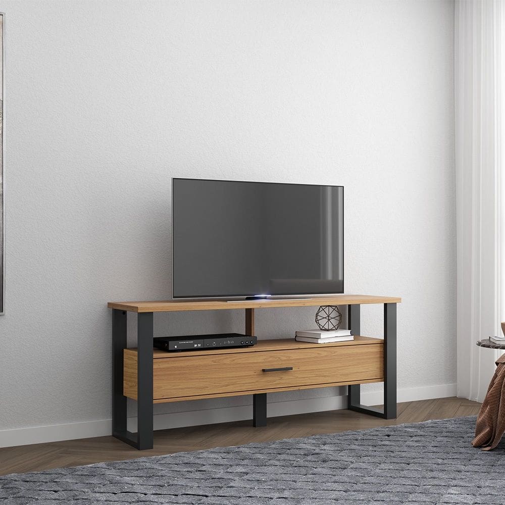 Rack para TV Até 55 Polegadas 01 Gaveta 140cm Estilo Industrial Freijó Preto Fosco Dalla Costa