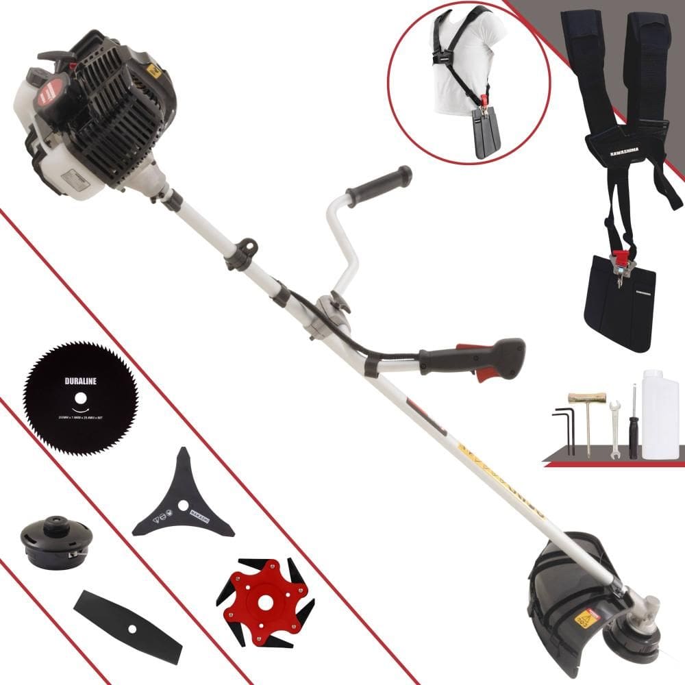 Roçadeira Robusta Kawashima KW43-LE À Gasolina 2T 43cc 10.000rpm 1,7HP Completa 5 Opções de Corte Com Facas 2 Pontas, 3 Pontas, 6 Pontas e 80 Dentes