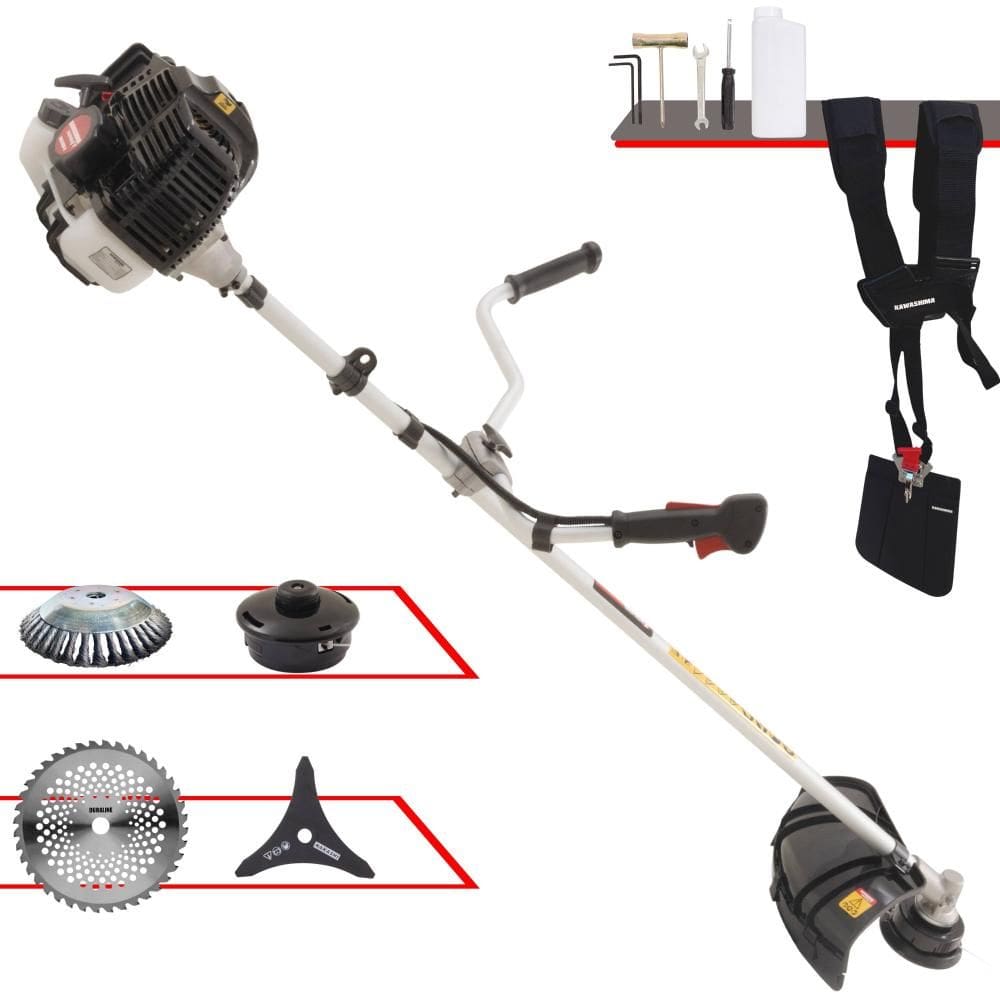 Roçadeira Aparador de Grama À Gasolina Kawashima KW43LE 43cc 1,7HP 10.000rpm Com Carretel e Faca 3 Pontas + Faca 40 Dentes + Escova Circular de Aço