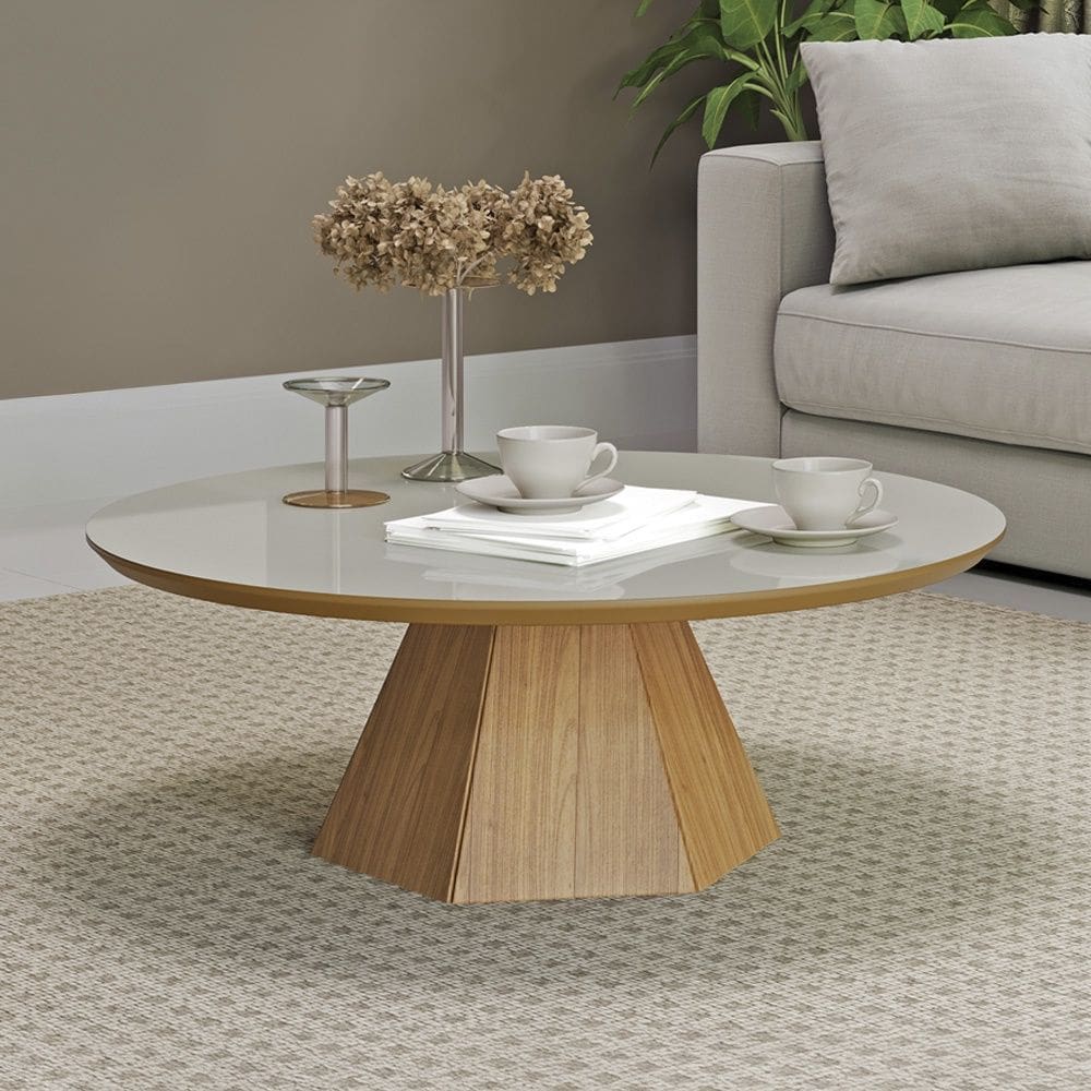 Mesa de Centro em MDF 90cm TB626 com Base Hexagonal Nature Off White Freijó Dalla Costa