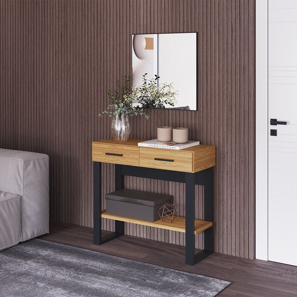 Aparador Estilo Industrial em MDF com 02 Gavetas e Prateleira F31 Freijó Preto Fosco Dalla Costa