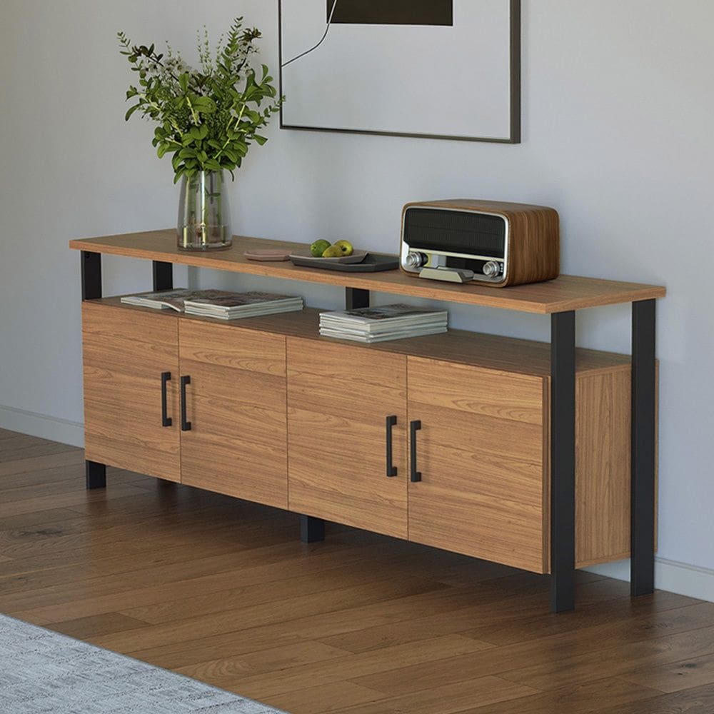 Balcão Estilo Industrial F45 180cm 4 Portas em MDF Freijó Preto Fosco Dalla Costa