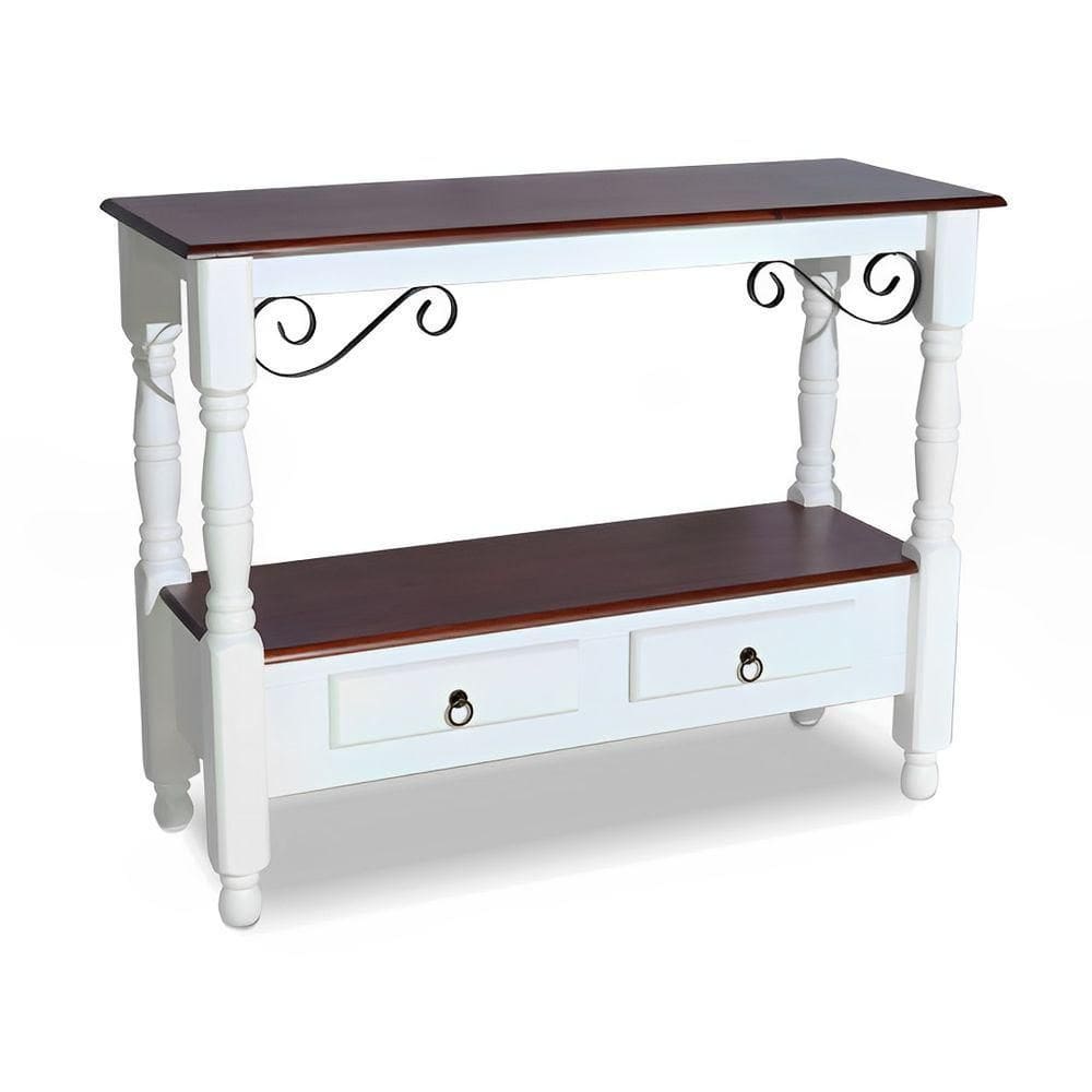 Aparador Para Sala Rústico Com 2 Gavetas Pés Torneados - Branco Laca E Tampos Castanho Envelhecido