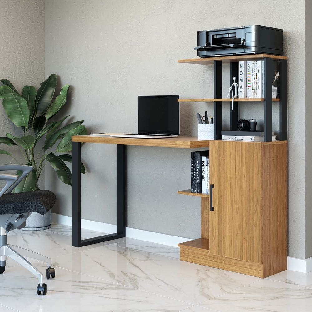 Mesa para Escritório 1 Porta Estilo Industrial em MDF F17 Freijó Preto Fosco Dalla Costa