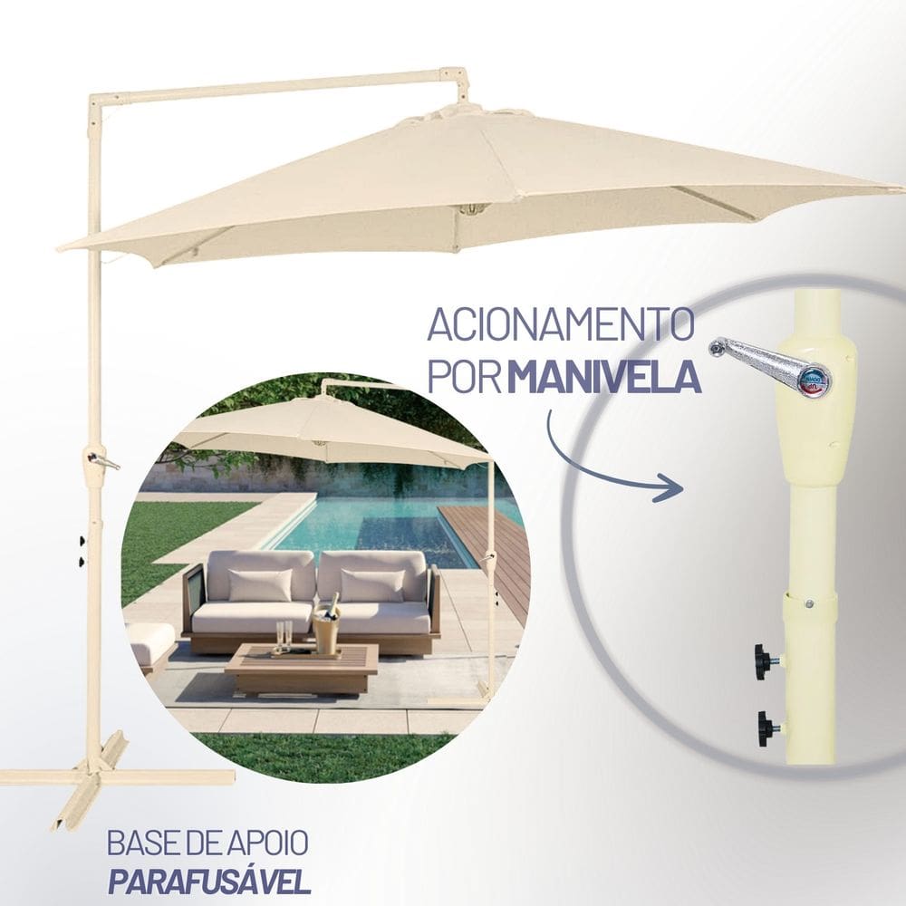 Ombrelone Guarda Sol Lateral Luxo Bel Veneza 3 Metros Bege p/ Piscina + Base De Apoio e X Acionamento por Manivela
