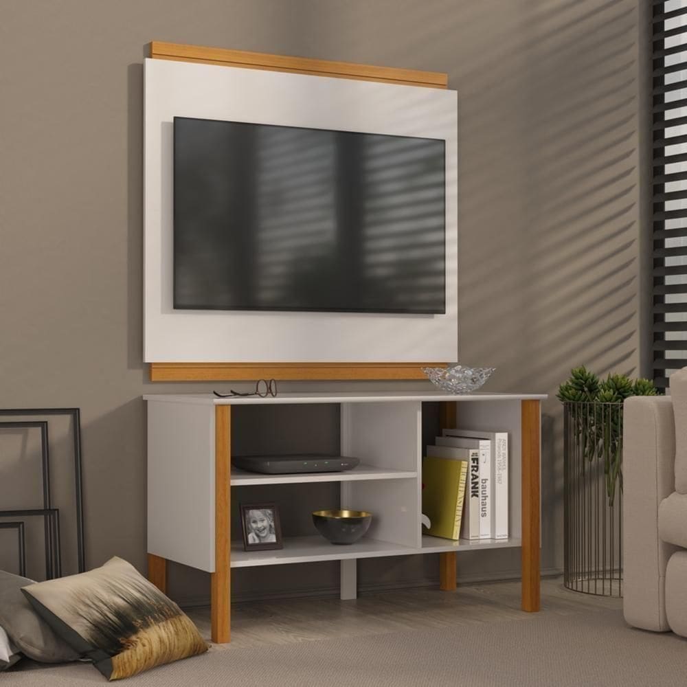 Rack Com Painel Para TV Até 40 Polegadas Fit 90cm Vianossa Branco E Cedro