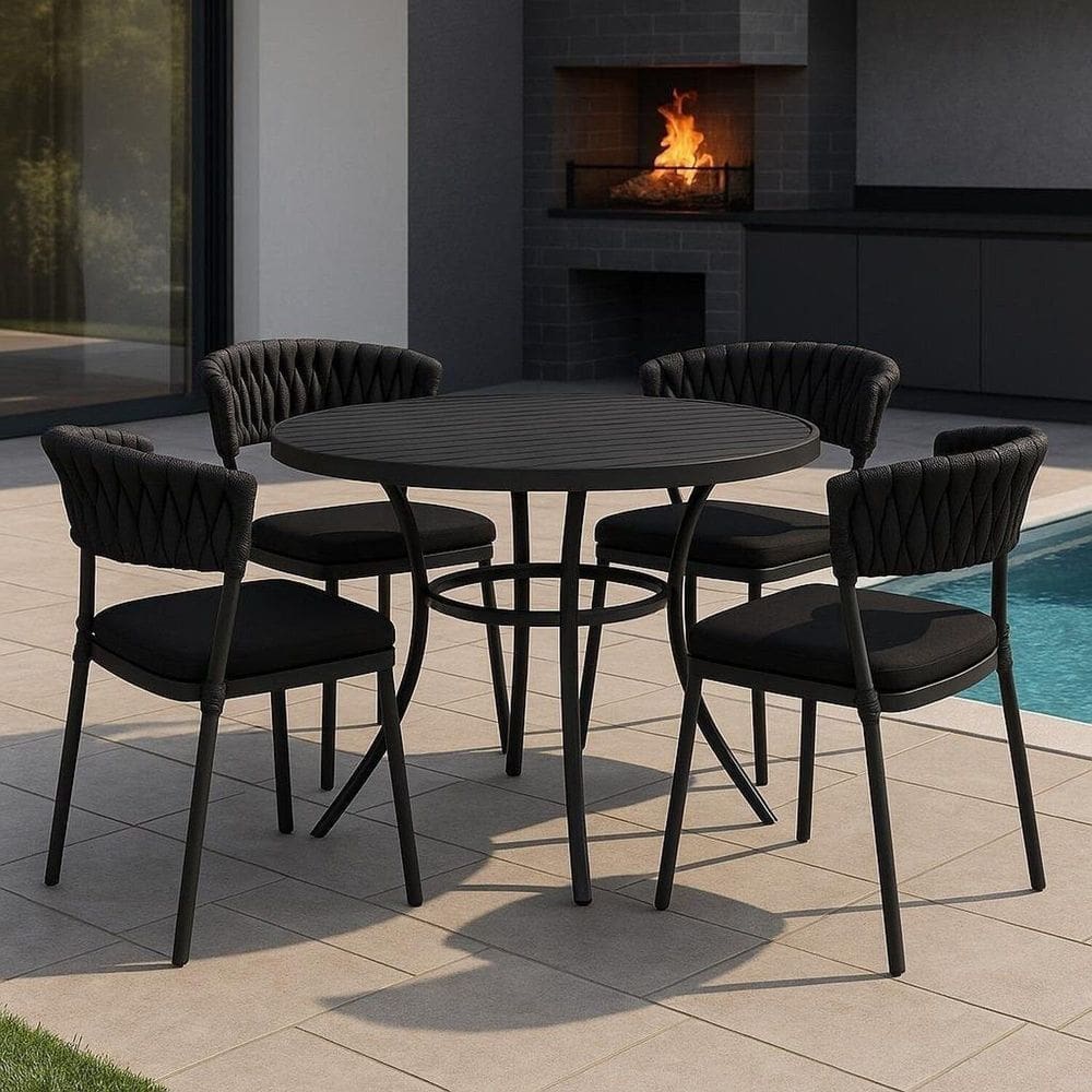 Conjunto Alumínio 4 Cadeiras Monaco Trico com Mesa Ripada Malta Preto