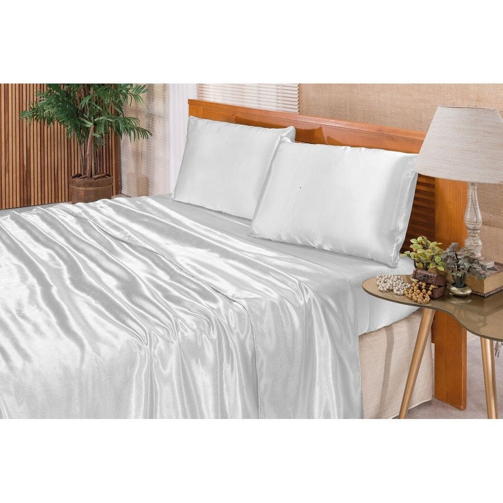 Jogo De Lençol Casal Padrão Cetim Seda Branco 4 Peças