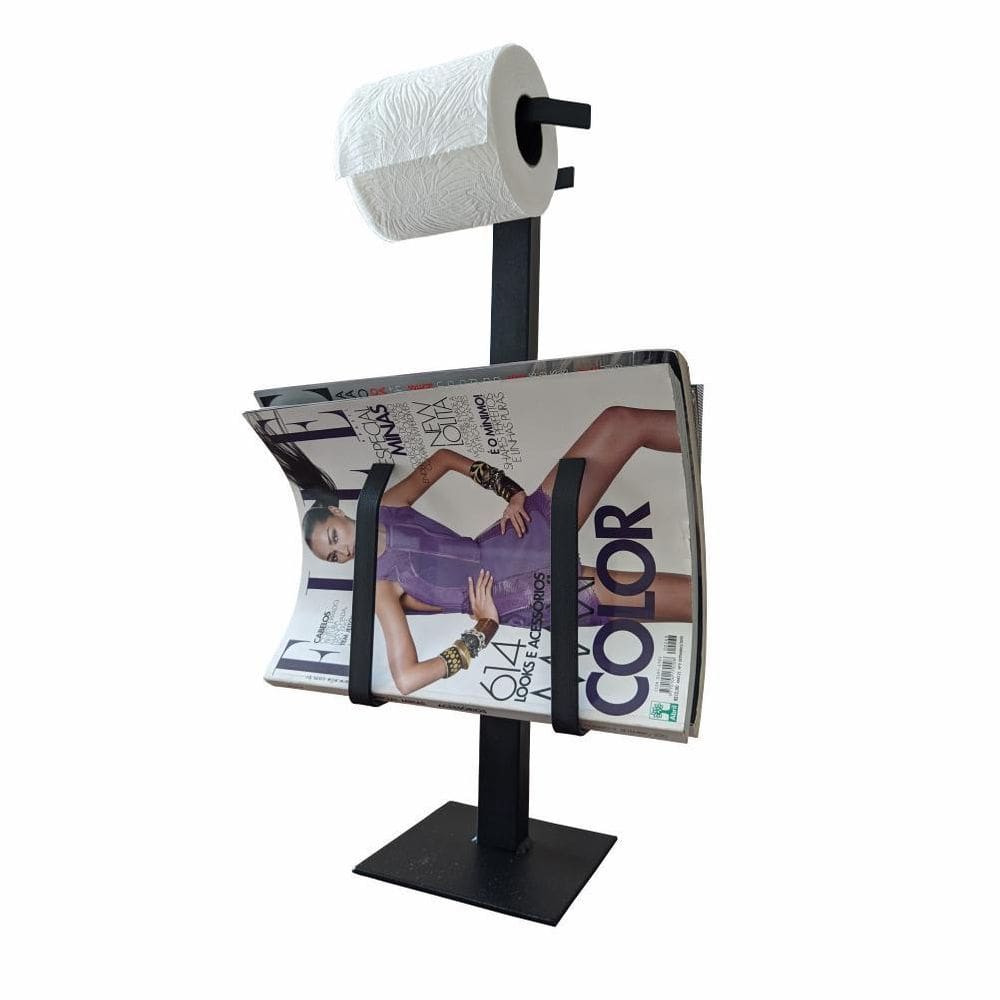 Suporte Papel Higiênico Chão Revisteiro Preto Fosco
