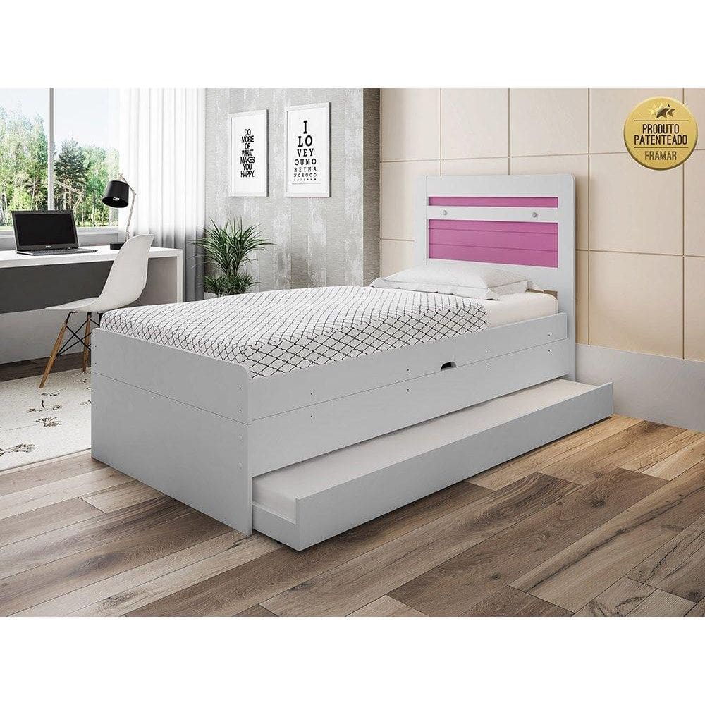 Cama Baú Larissa Solteiro Branca e Rosa com Auxiliar Framar