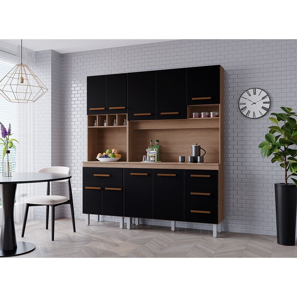 Cozinha Vitória 180m com Paneleiro - Savana/Preto Móblis