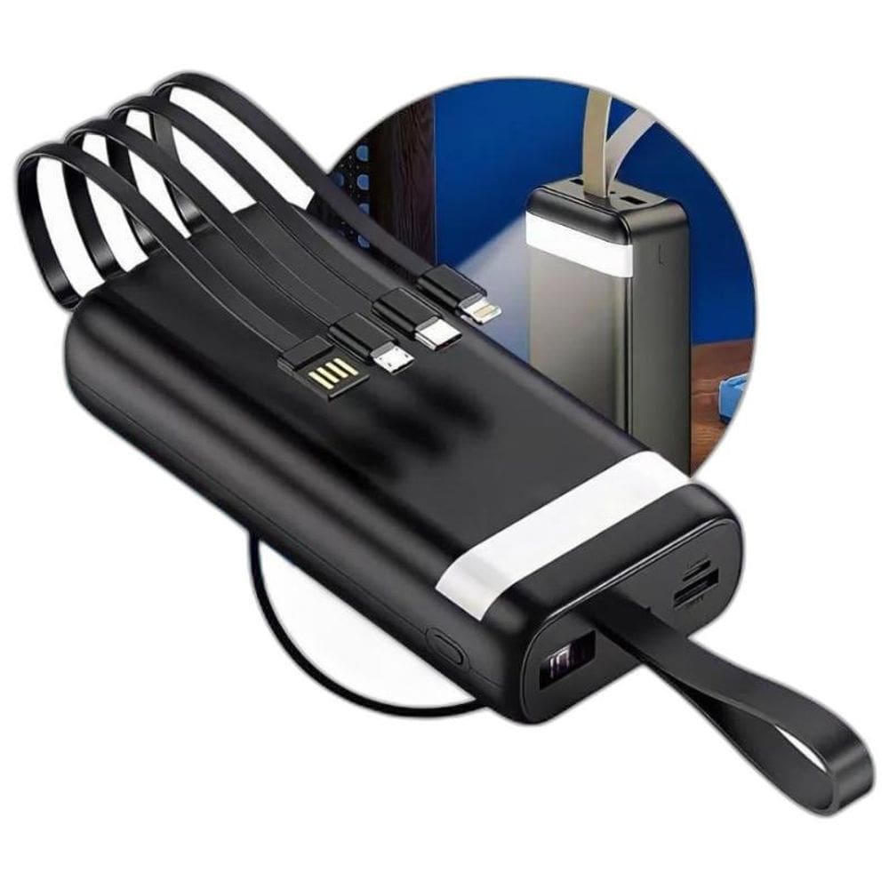 Carregador Portátil 20000Mah Com Cabos Embutidos  Preto 