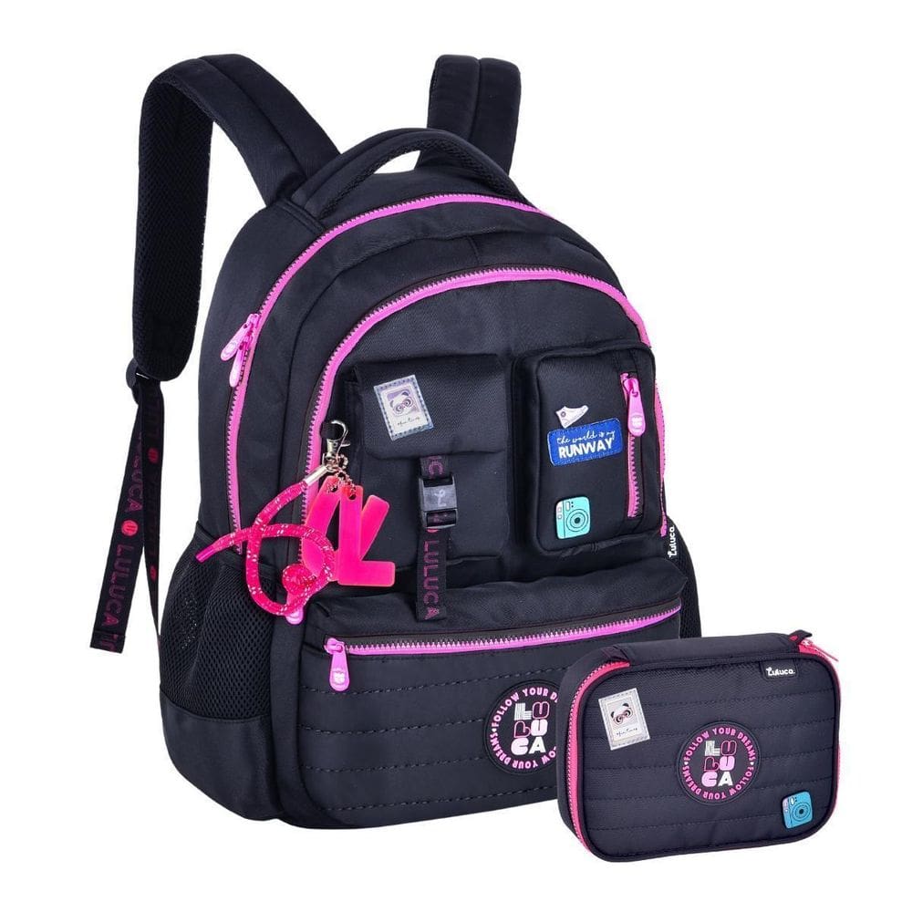 Kit Mochila Costas Luluca Escolar Passeio Estojo Box - Preto