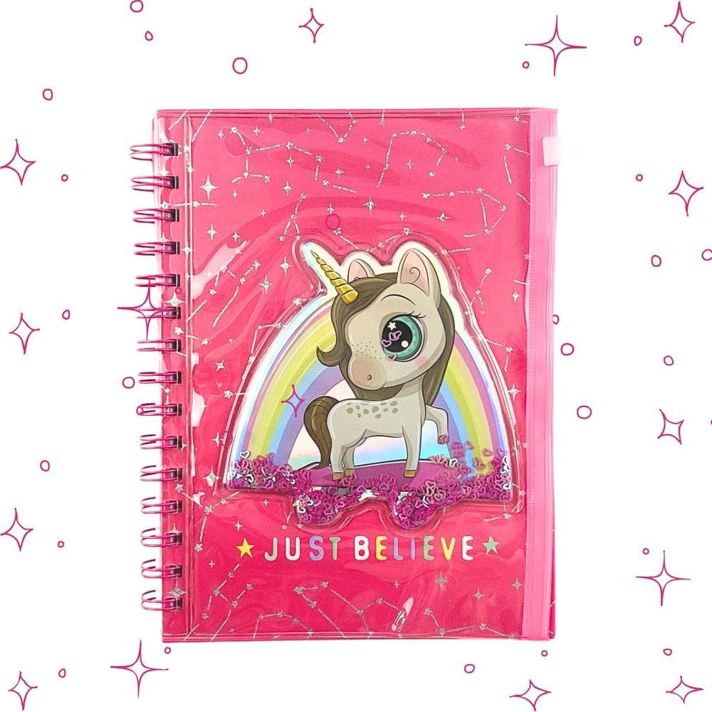 Caderno Decorado Espiral (PEQUENO) Lantejoulas Unicórnio Folhas Pautadas 80 Folhas Capa Texturizada