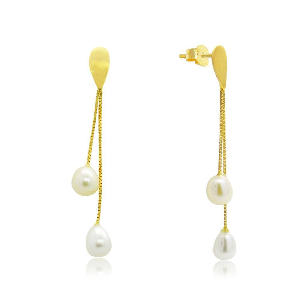 Brinco Pêndulo Veneziana 3,5Cm Com Pérolas Em Ouro 18K