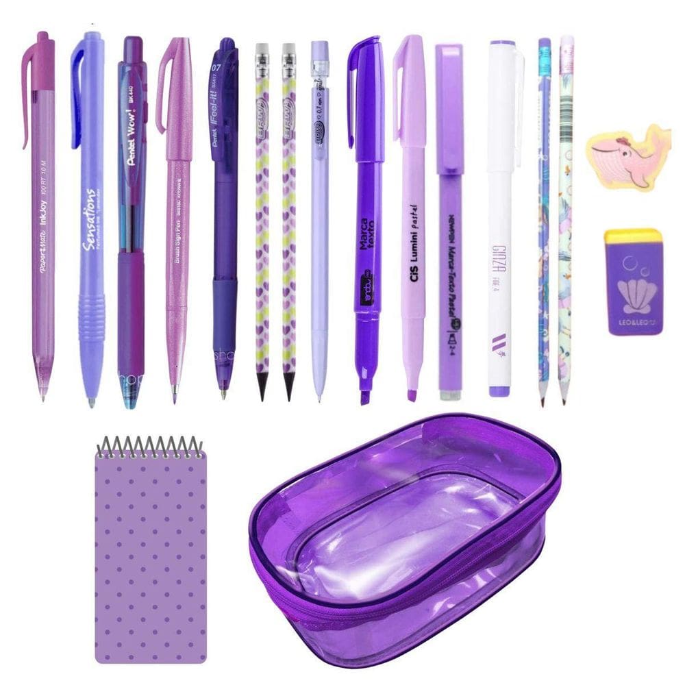 Kit Estojo Tons De Roxo Escolar Completo Estojo Box