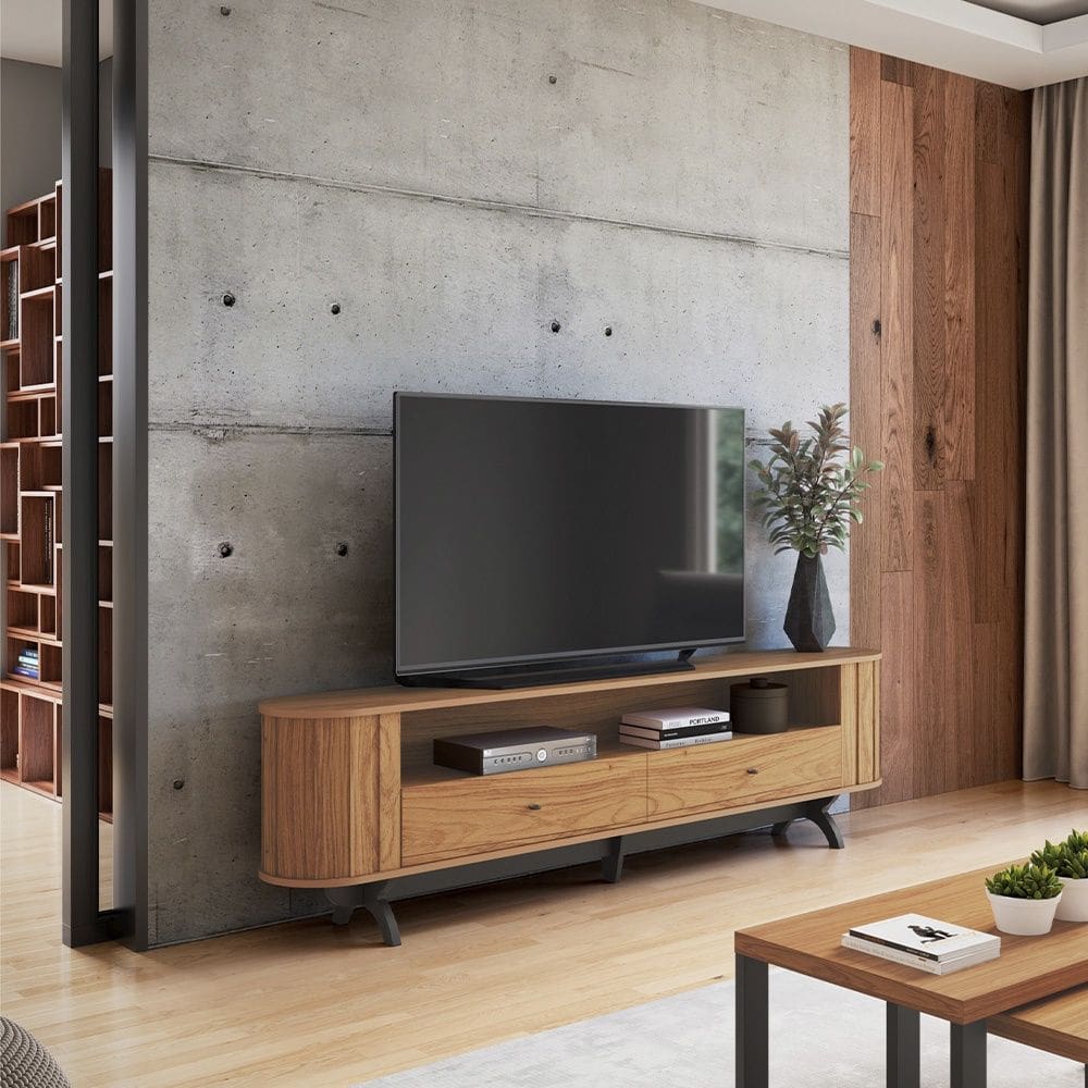 Rack Curvo TB302 para TV Até 60 Polegadas com 02 Gavetas 220cm Freijó Preto Fosco Dalla Costa