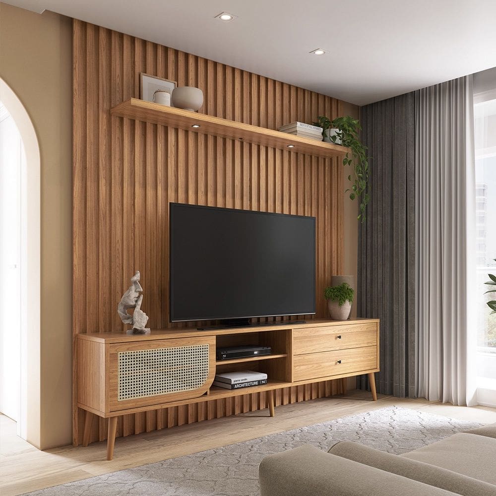 Rack com Painel Ripado TB323L para TV Até 75 Polegadas 02 Gavetas 01 Porta com Led Freijó Dalla Costa