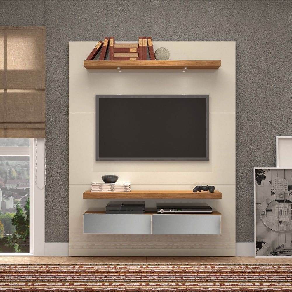 Painel para TV Até 60 Polegadas 02 Gavetas Espelhadas com LED Off White Freijó Dalla Costa