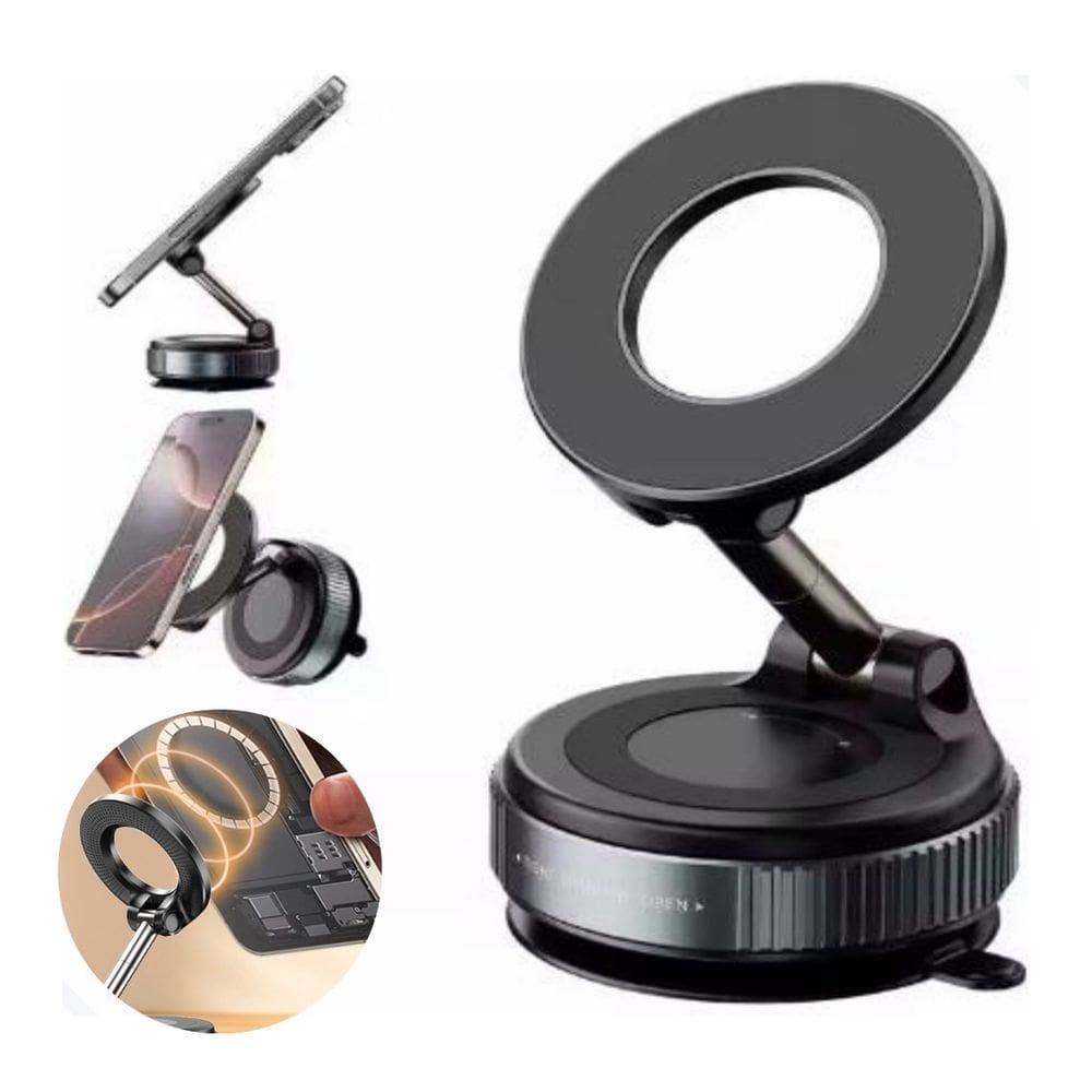 Suporte Magnético Veicular para Celular À Vácuo Dobrável Rotação 360° Capacidade de até 1,5 Kg