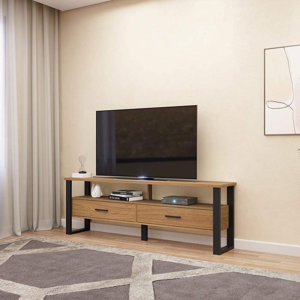 Rack para TV Até 60 Polegadas 02 Gavetas 180cm Estilo Industrial Freijó Preto Fosco Dalla Costa