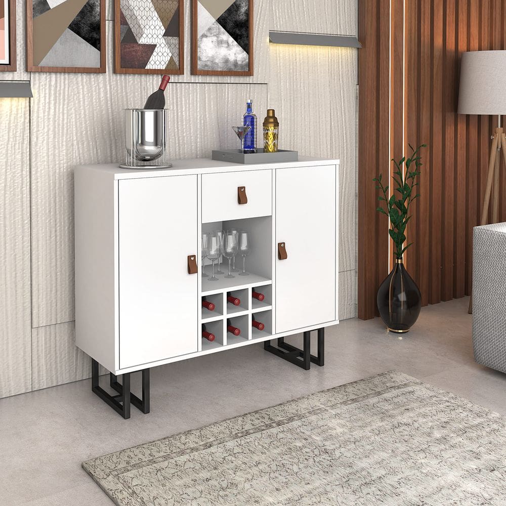Buffet com Adega e Nichos Branco Pés Metálicos Preto Moderno
