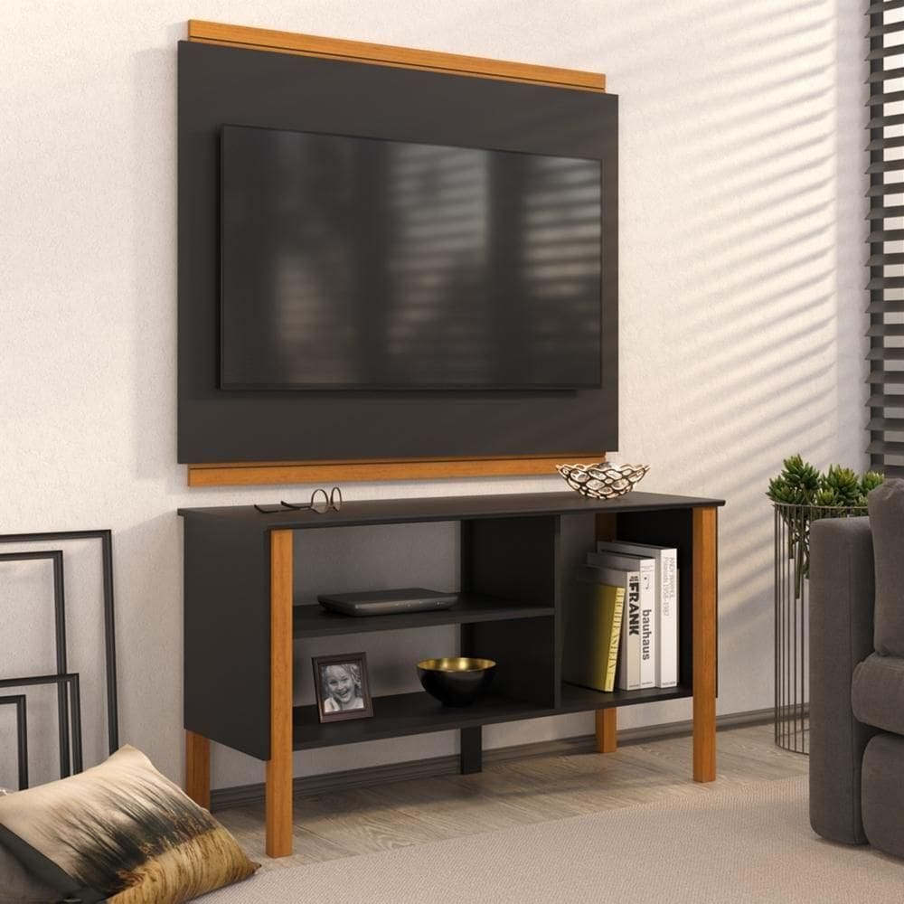 Rack Com Painel Para TV Até 40 Polegadas Fit 90cm Vianossa Preto E Cedro