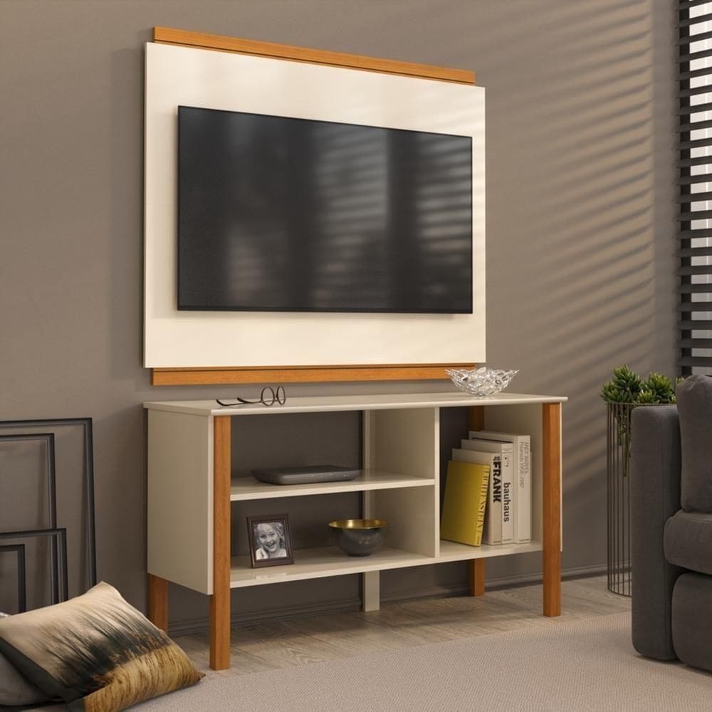 Rack Com Painel Para TV Até 40 Polegadas Fit 90cm Vianossa Off White E Cedro