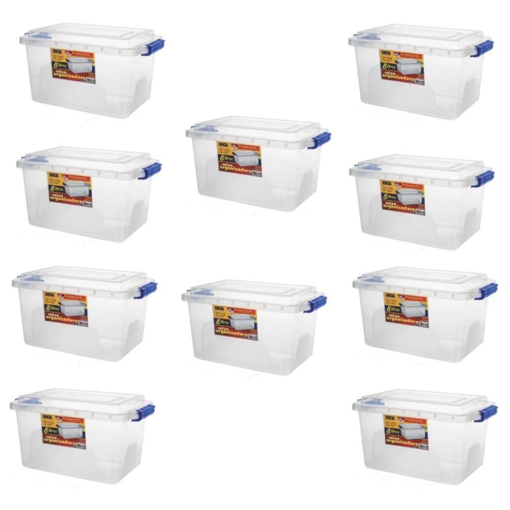 Kit 10 Caixa Organizadora Alta Tampa E Trava Transparente 8L