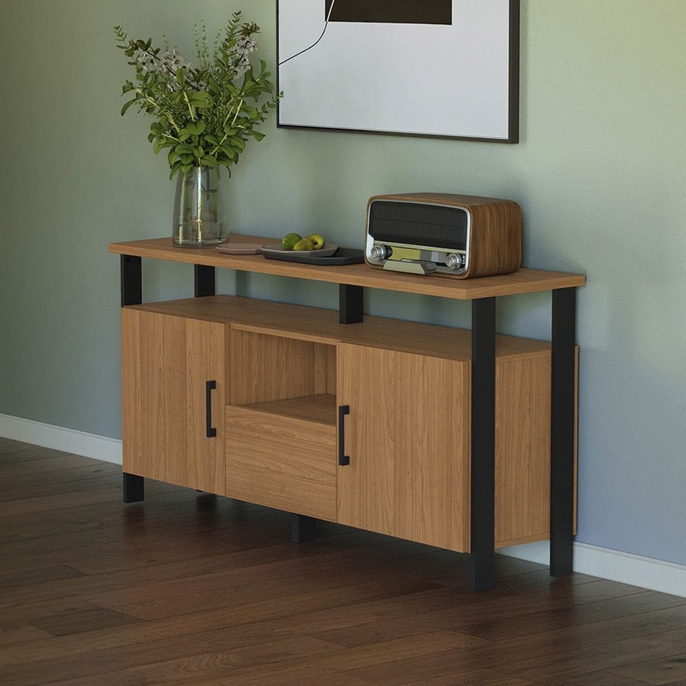 Balcão Estilo Industrial F44 135cm 2 Portas e 1 Gaveta em MDF Freijó Preto Fosco Dalla Costa