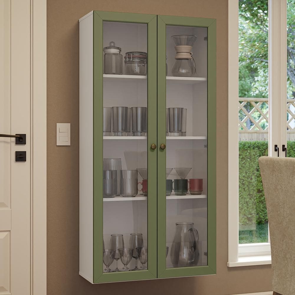 Cristaleira Suspensa 70 cm 2 Portas de Vidro Branco/Verde Vik Madesa