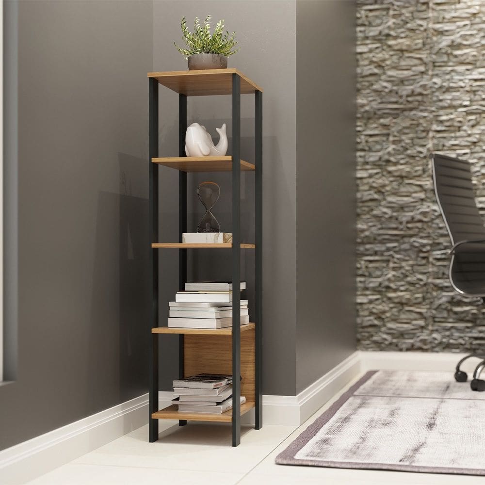 Estante para Livros 5 Prateleiras em MDF Estilo Industrial F28 Freijó Preto Fosco Dalla Costa