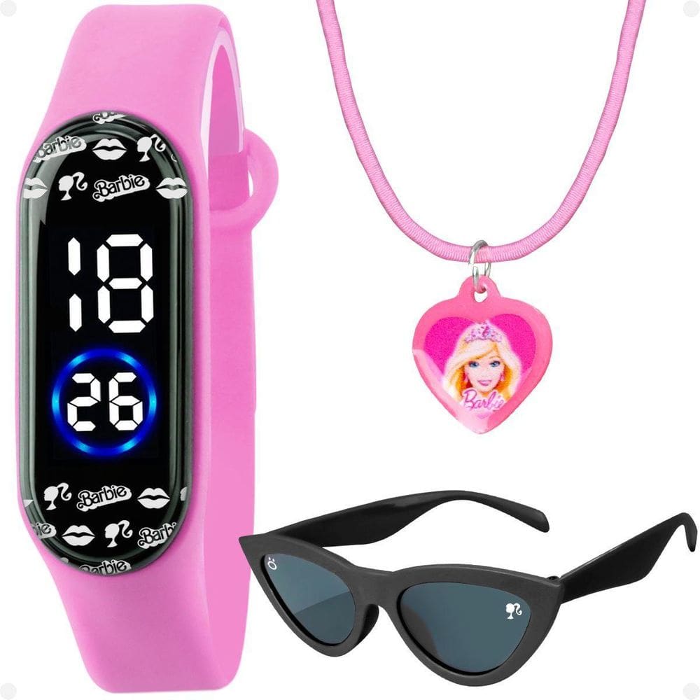 Relogio Digital Barbie Infantil + Oculos Proteção Uv + Colar