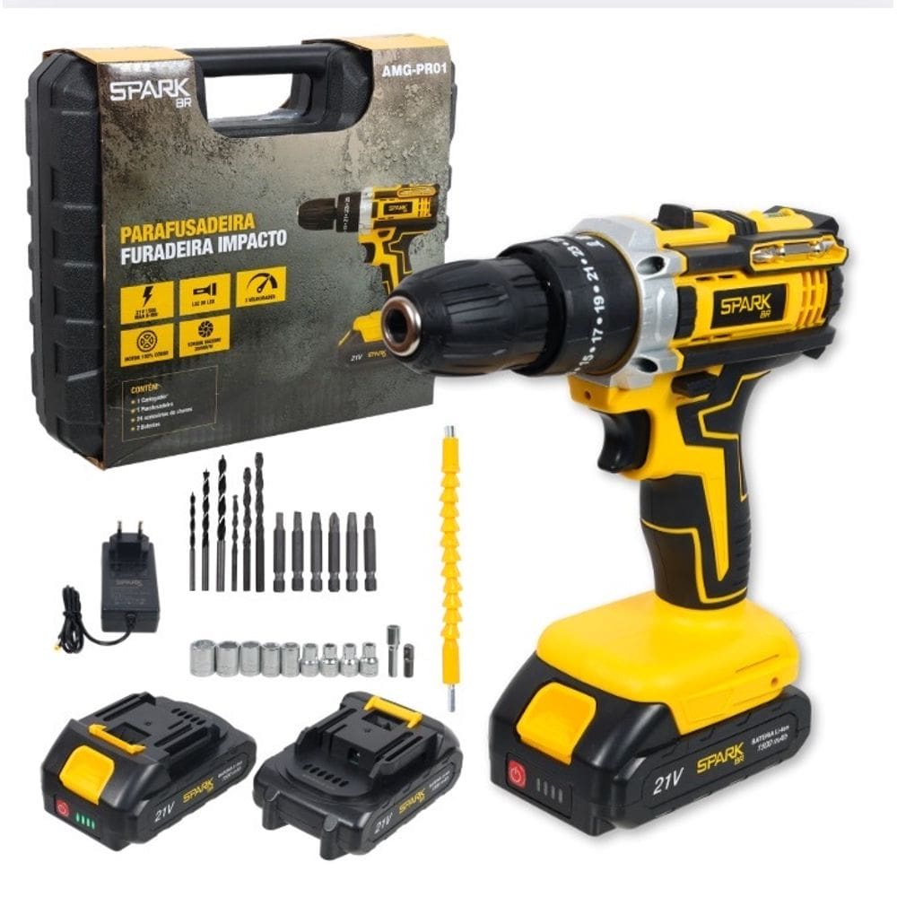Furadeira Parafusadeira Impacto AMG-PR01 SparkBr 26 Acessorios 2 Baterias Recarregável 21v Maleta Profissional Bivolt
