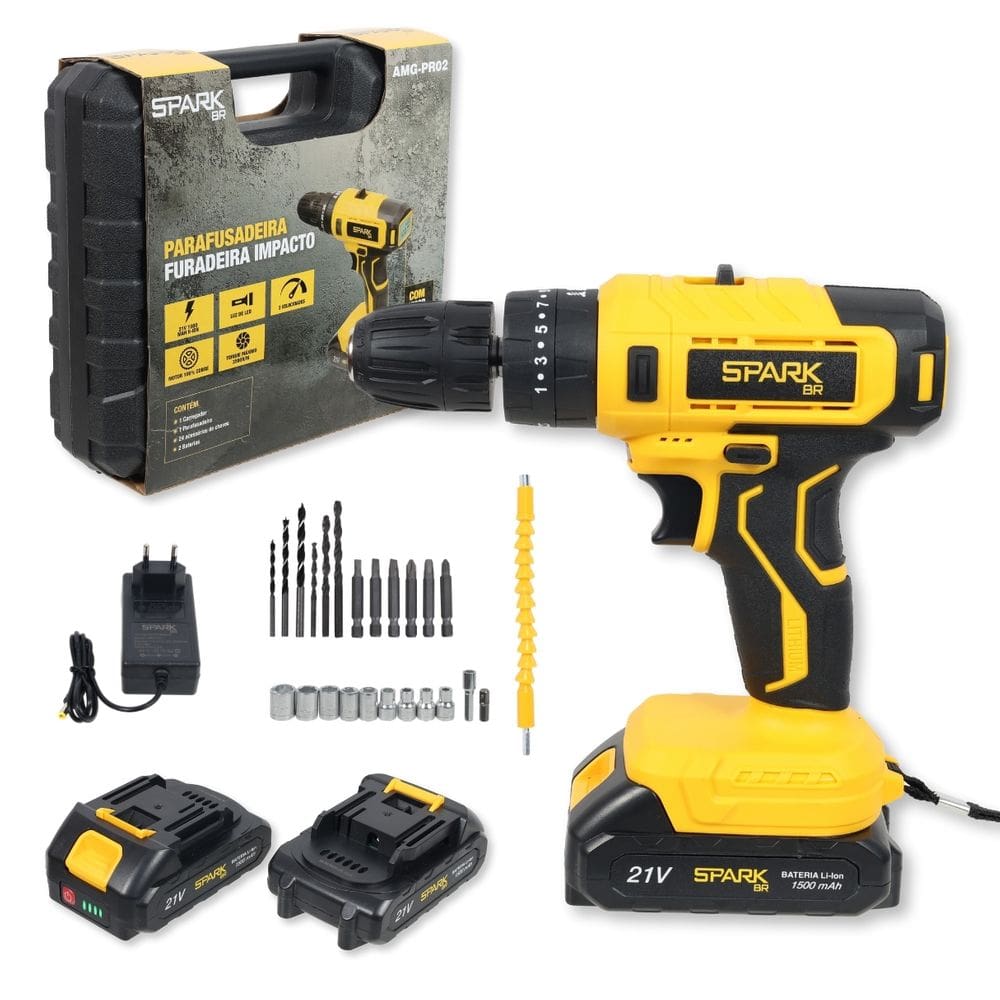 Parafusadeira Furadeira Impacto Spark Br AMG-PR02 Visor Digital 2 Baterias Recarregáveis 21V 29 Peças 3500Rpm Bivolt