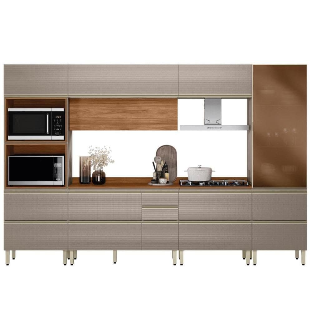 Cozinha Modulada Proença 6 Peças Com Cristaleira E Torre Quente 2 Fornos Nogueira Touch/Nude Prime Tx - Demartêz
