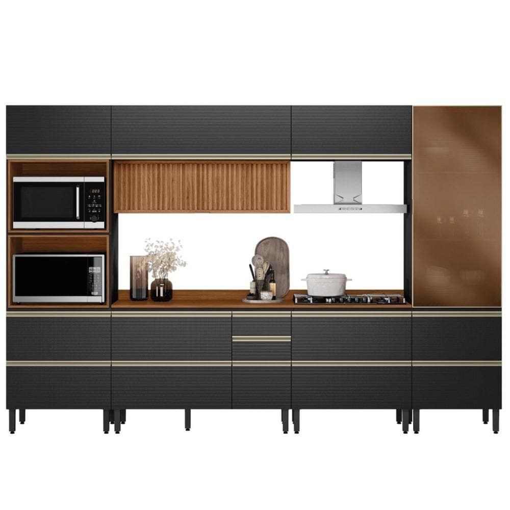 Cozinha Modulada Proença 6 Peças Com Cristaleira E Balcão 120cm Nogueira Touch/Carbono Prime Tx - Demartêz