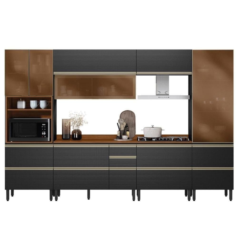 Cozinha Modulada Proença 6 Peças Com Paneleiro 1 Forno E Balcão 80cm Nogueira Touch/Carbono Prime Tx - Demartêz