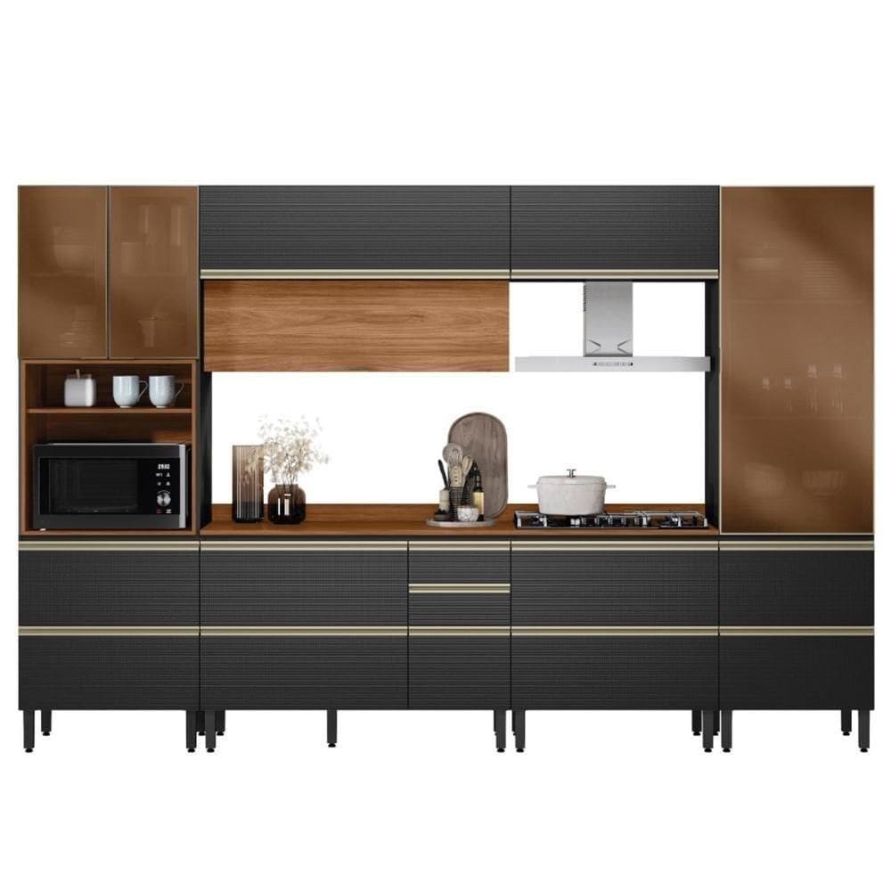 Cozinha Modulada Proença 6 Peças Com Paneleiro 1 Forno E Cristaleira Nogueira Touch/Carbono Prime Tx - Demartêz