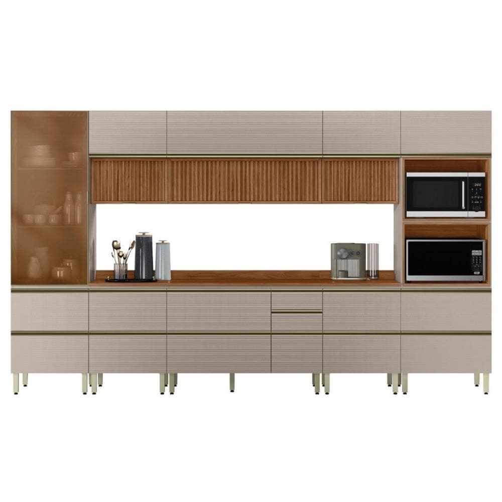 Cozinha Modulada Proença 8 Peças Com Cristaleira E Balcão 120cm Nogueira Touch/Nude Prime Tx - Demartêz