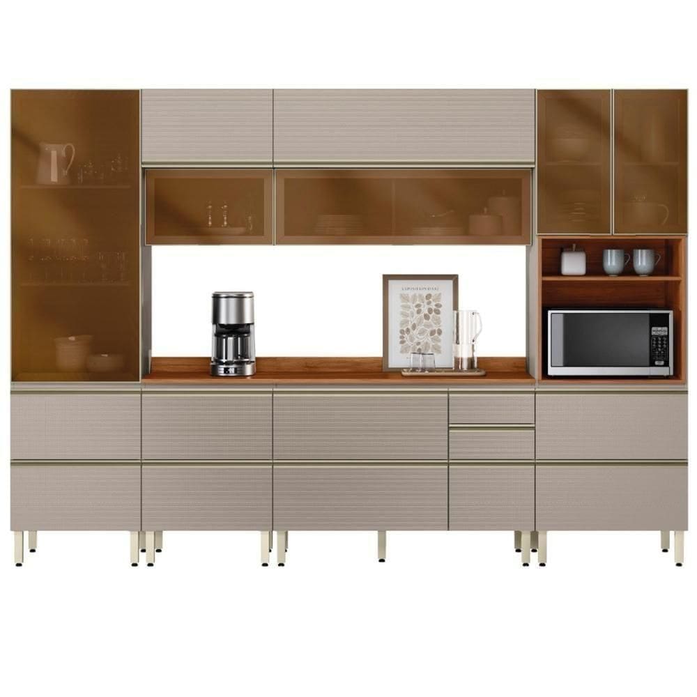 Cozinha Modulada Proença 6 Peças Com Paneleiro 1 Forno E Aéreo 120cm Nogueira Touch/Nude Prime Tx - Demartêz