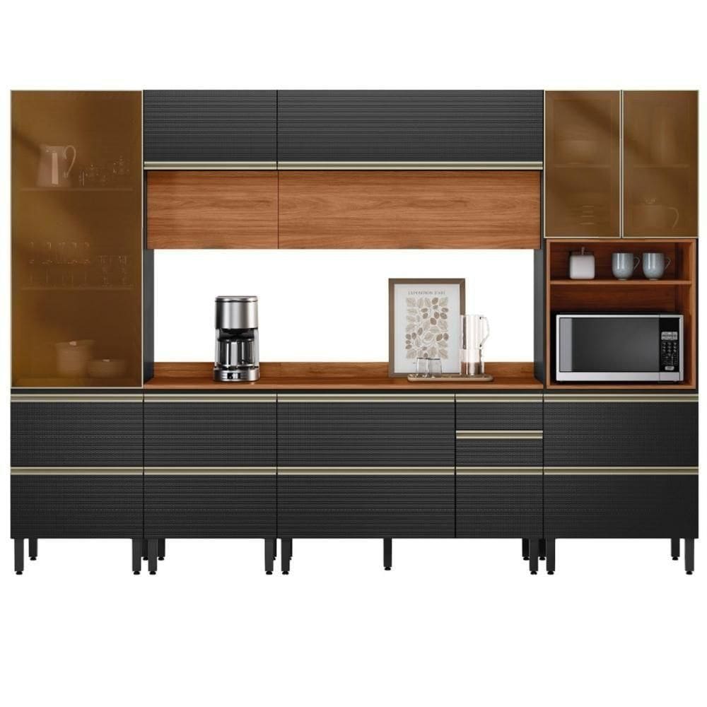 Cozinha Modulada Proença 6 Peças Com Paneleiro 1 Forno Nogueira Touch/carbono Prime Tx