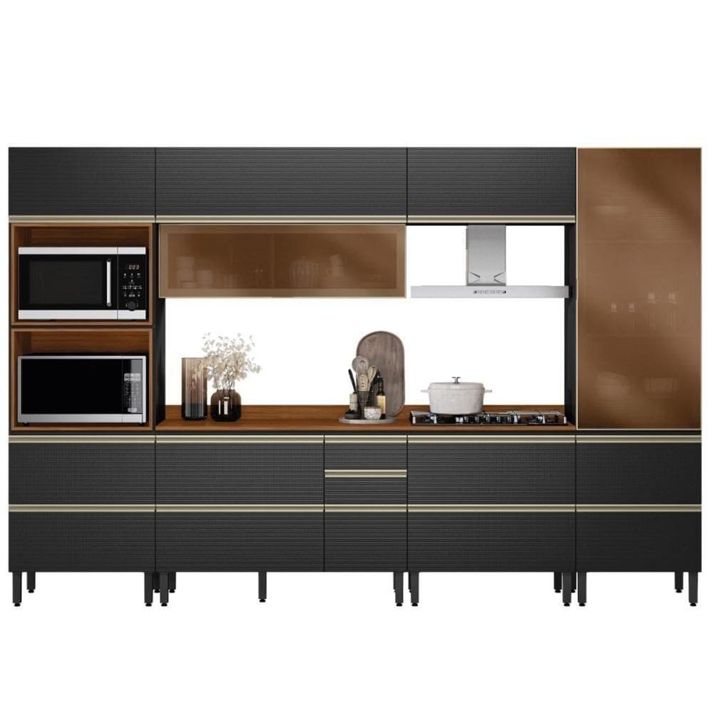 Cozinha Modulada Proença 6 Peças Com Cristaleira E Balcão 80cm Nogueira Touch/Carbono Prime Tx - Demartêz